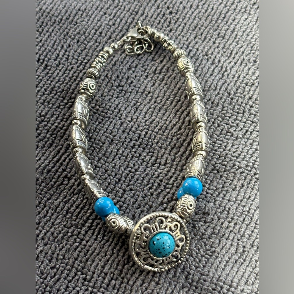 Carved Metal Turquoise Blue Stone Native American Bracelet 7 1/2”